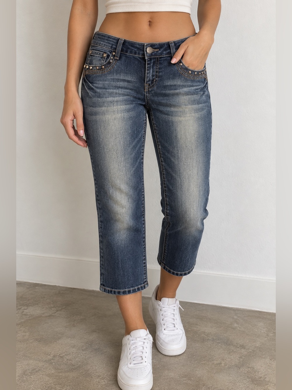 Y2K Liuces Womens Low Rise Rhinestine Embellished Denim Capri Size 11